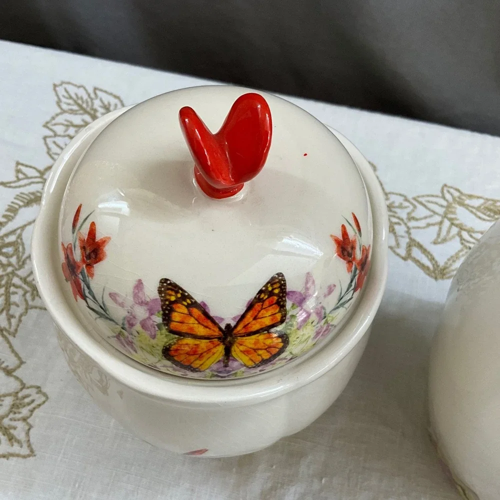 Ceramic Butterfly Floral Canister Set 2pc Cream Monarch Finial Jars Cottagecore